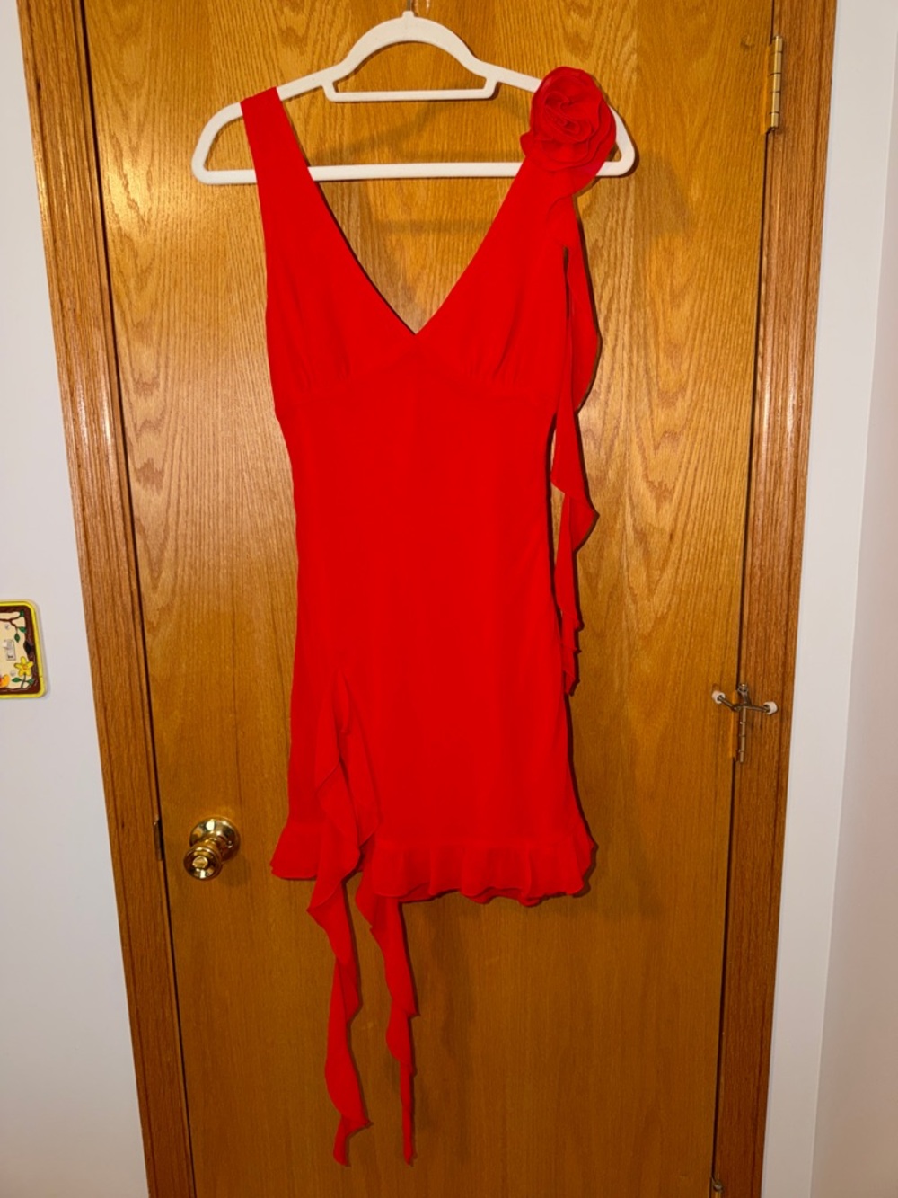 White Fox Red Ruffle Mini Dress with Floral Accent